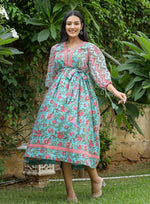 Thumbnail for Kaajh Women's Green Hand Block Printed Dress - Distacart