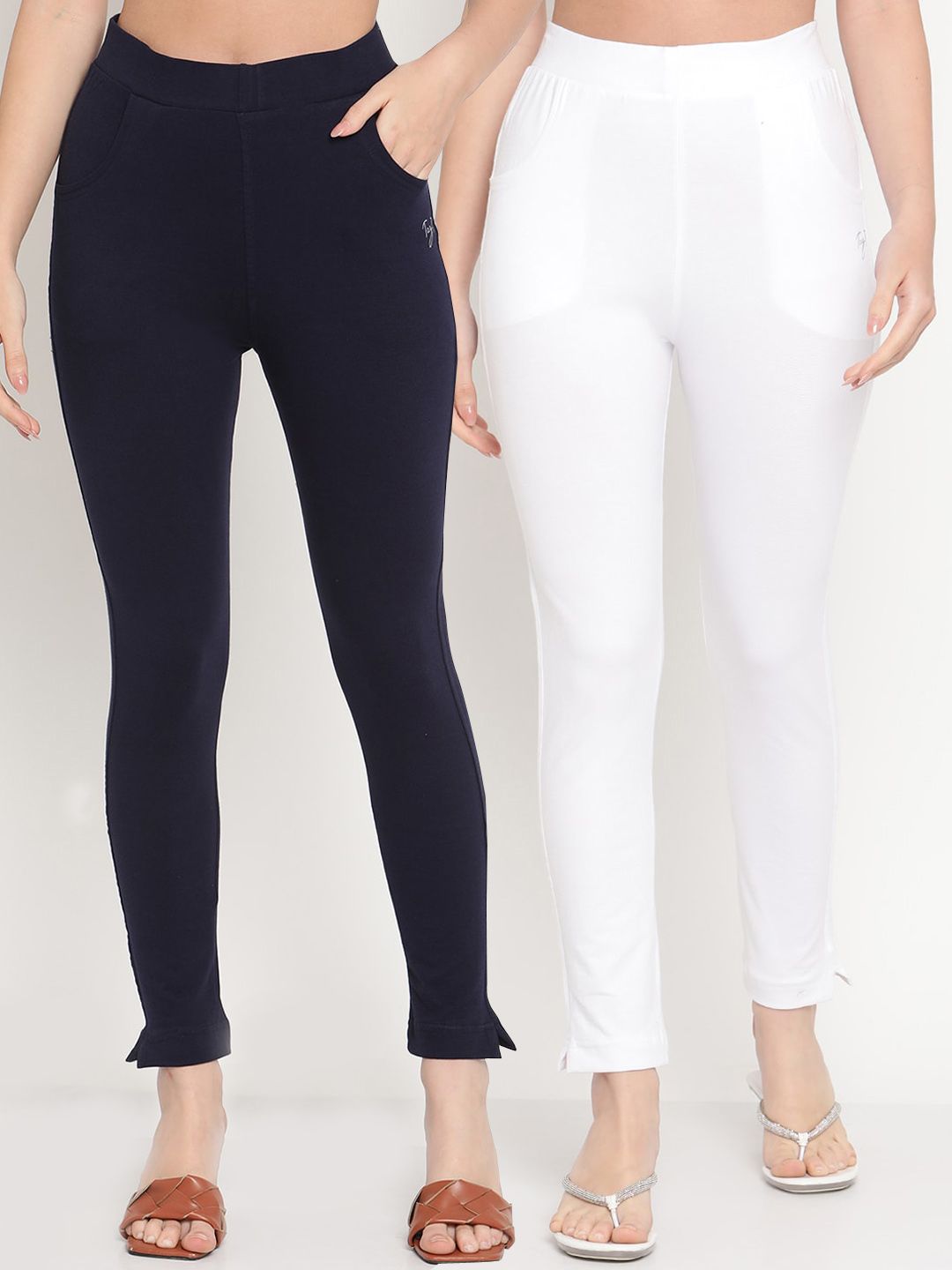 TAG 7 Women Pack of 2 Navy Blue & White Solid Kurti Pants - Distacart