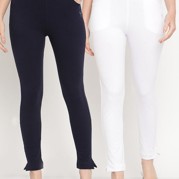 TAG 7 Women Pack of 2 Navy Blue & White Solid Kurti Pants - Distacart