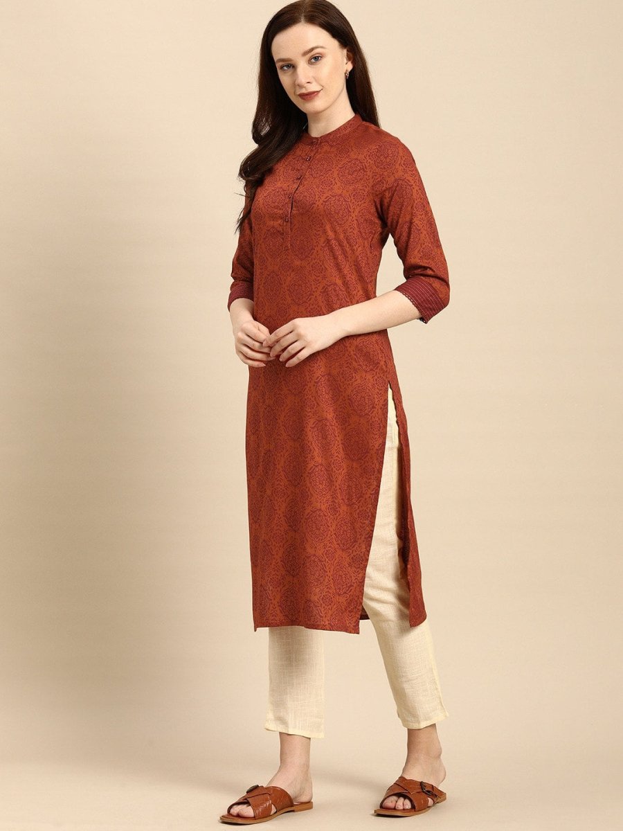 All About You Women Rust Brown Ethnic Motifs Printed Straight Kurta - Distacart