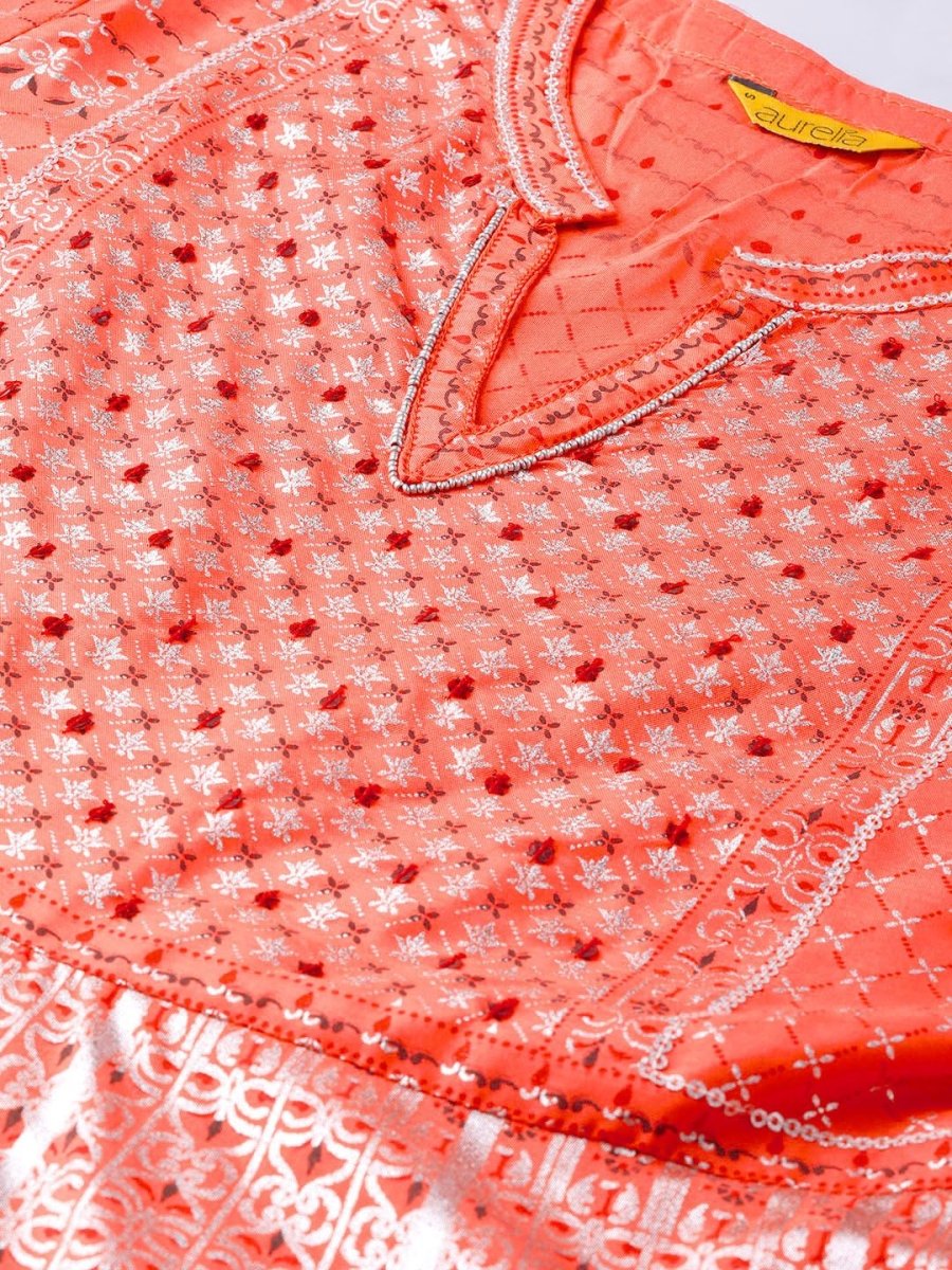 AURELIA Women Orange & Silver Printed Maxi Dress - Distacart