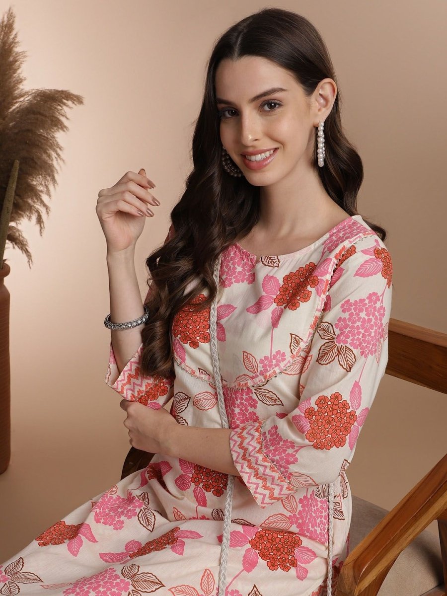 Anouk Floral Printed Regular Pure Cotton Kurta With Trousers - Distacart