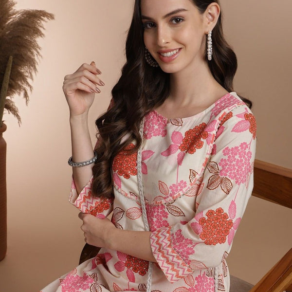 Anouk Floral Printed Regular Pure Cotton Kurta With Trousers - Distacart