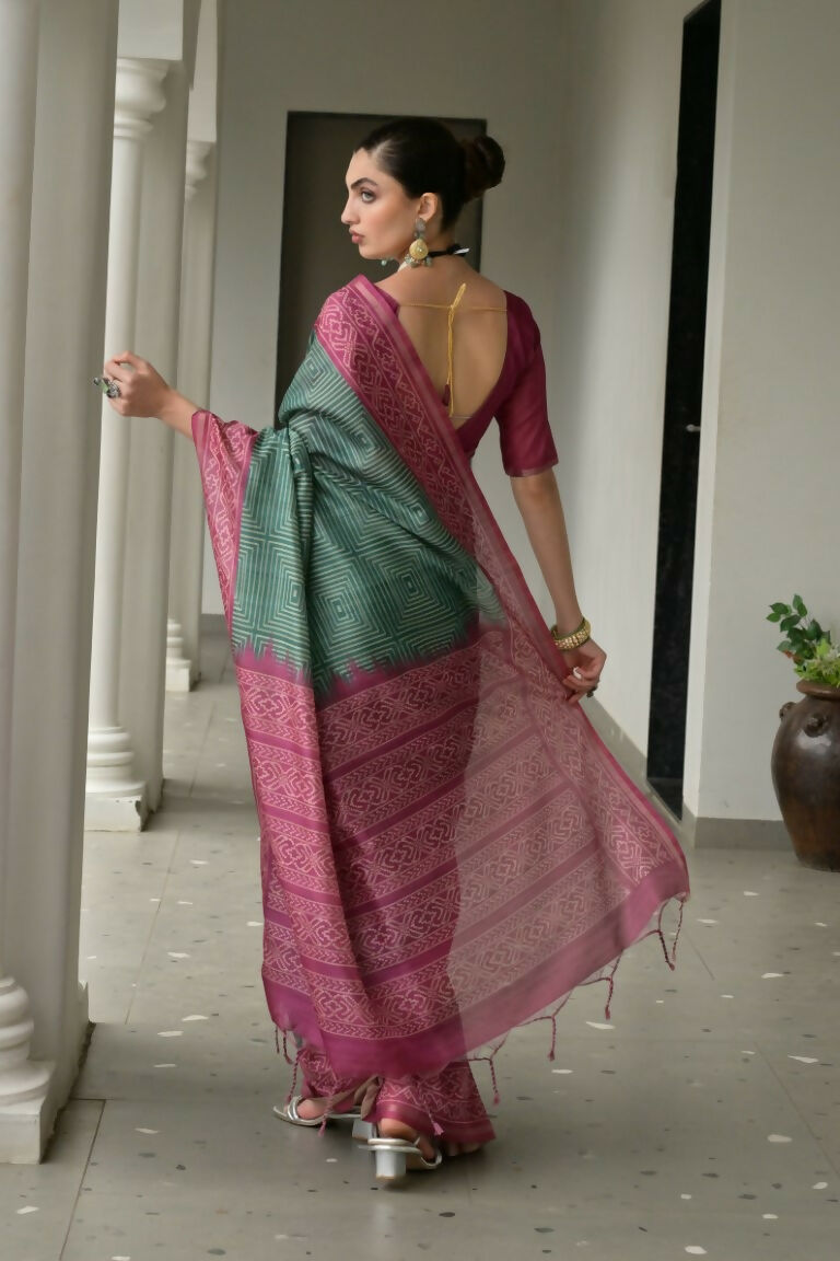 Vishnu Weaves Women's Wine Soft Tussar Silk Printed Saree with Blouse