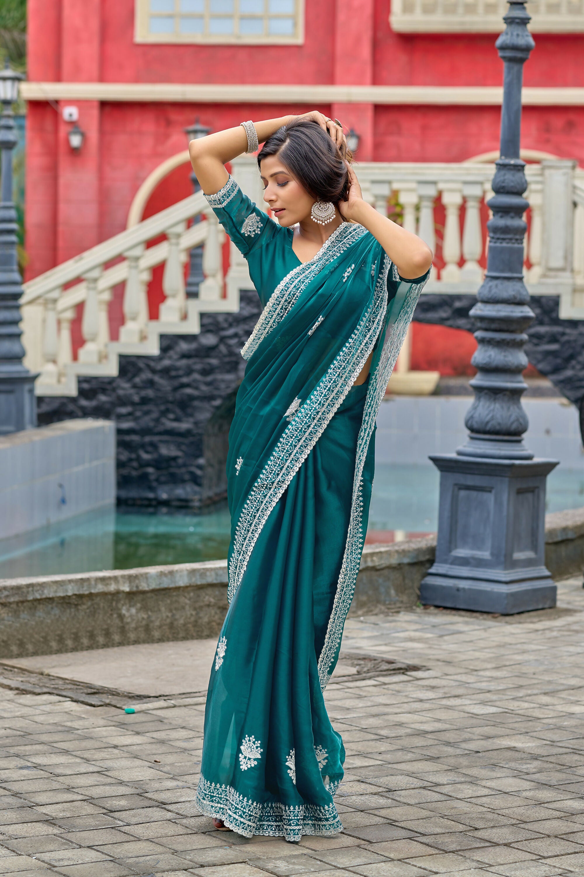 Vastranavya Rama Embroidery Work Shimmer Chiffon Saree with Unstitched Blouse