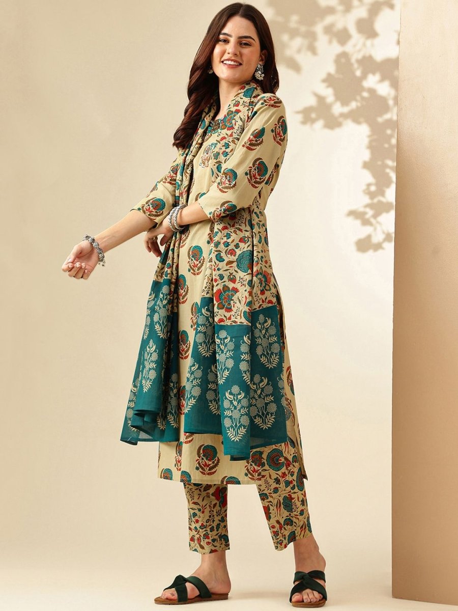 Anouk Ethnic Motifs Printed Regular Pure Cotton Kurta With Trousers & Dupatta