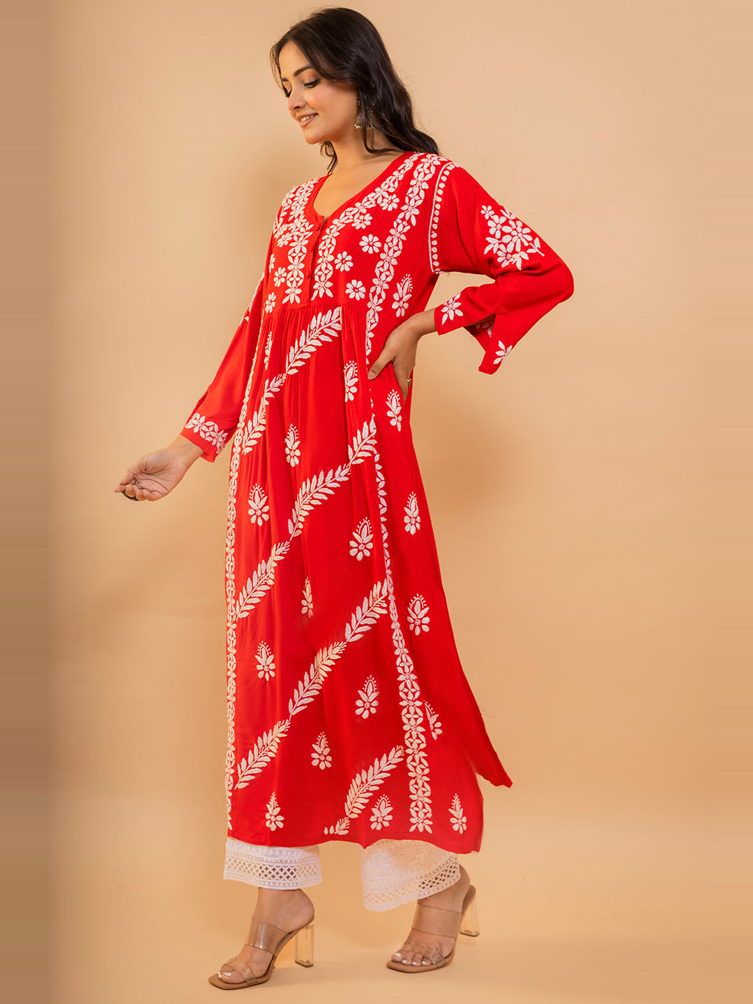 HOUSE OF KARI Cotton Floral Embroidered Chikankari Kurta - Distacart