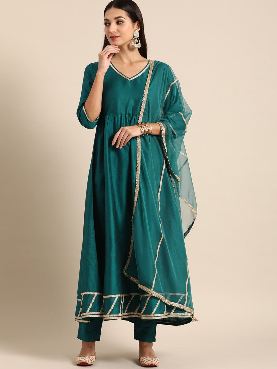 All About You Women Teal Green Solid V-Neck Anarkali Kurta with Trousers & Dupatta - Distacart