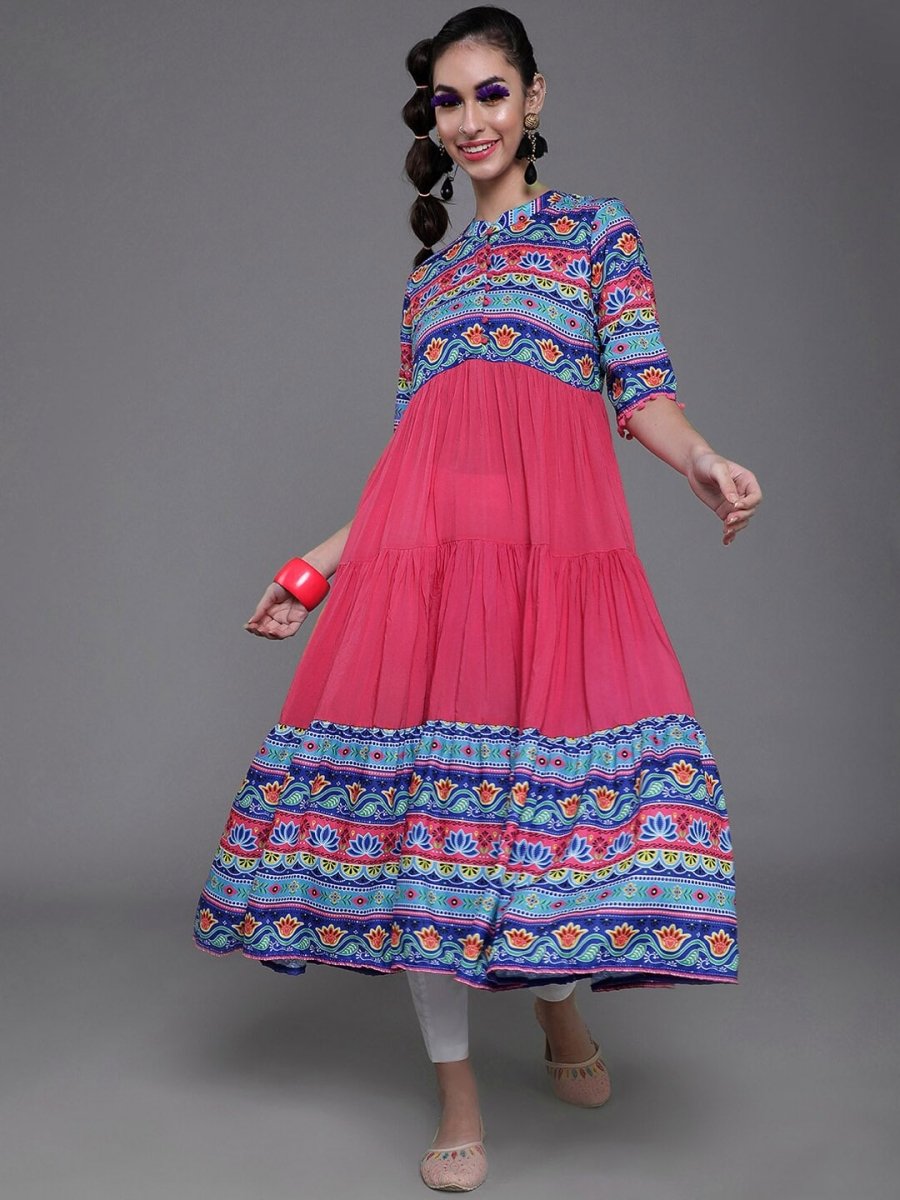 Aks Ethnic Motifs Printed Mandarin Collar Cotton Silk Anarkali Kurta - Distacart