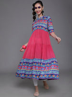 Thumbnail for Aks Ethnic Motifs Printed Mandarin Collar Cotton Silk Anarkali Kurta - Distacart