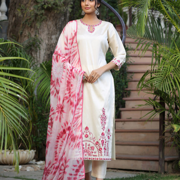 Kalini Floral Embroidered Straight Kurta With Trousers & Dupatta - Distacart