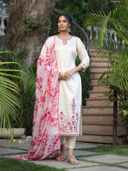 Kalini Floral Embroidered Straight Kurta With Trousers & Dupatta - Distacart