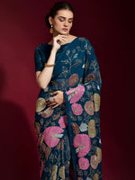 Thumbnail for Anouk Teal Blue & Pink Floral Embroidered Sequinned Pure Georgette Saree - Distacart