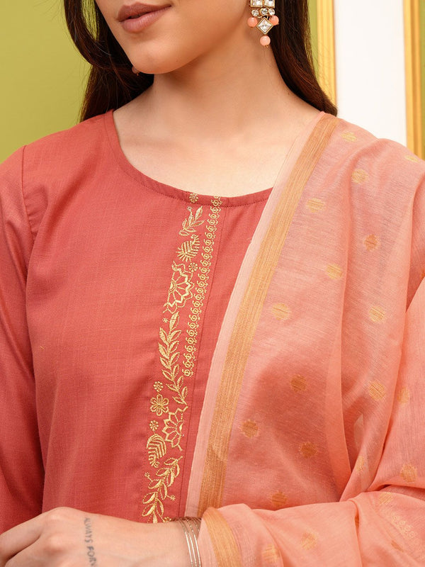Vishudh Coral Round Neck Embroidery Straight Kurta & Palazzos With Dupatta