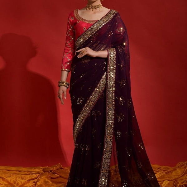 Anouk Burgundy & Gold-Toned Embellished Sequinned Pure Georgette Saree - Distacart
