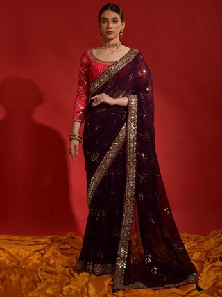 Anouk Burgundy & Gold-Toned Embellished Sequinned Pure Georgette Saree - Distacart