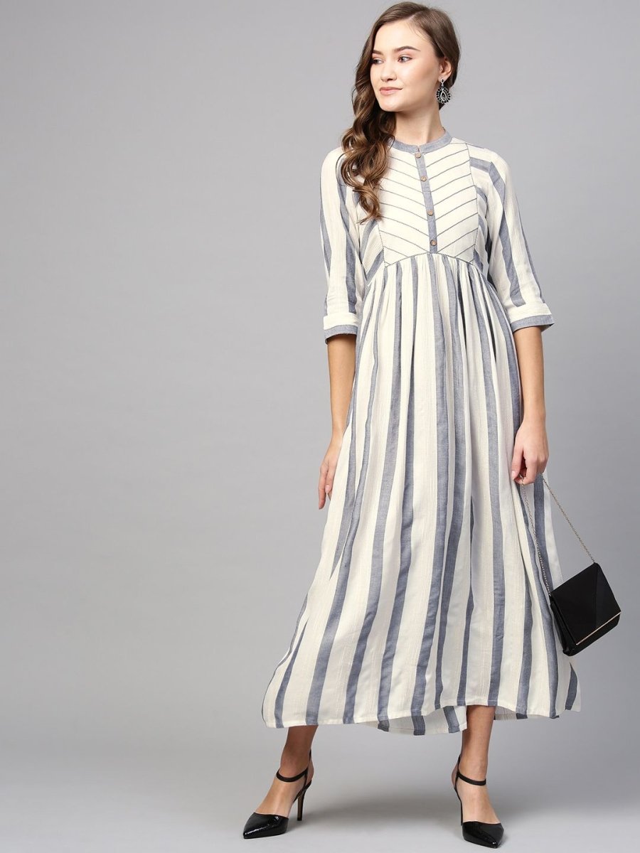 AURELIA Women Off-White & Navy Blue Striped Maxi Dress - Distacart