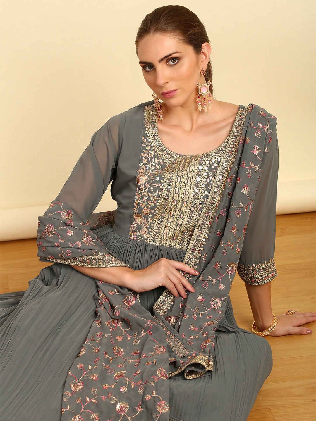 Soch Ethnic Motifs Embroidered Empire Sequinned Kurta with Churidar & Dupatta - Distacart