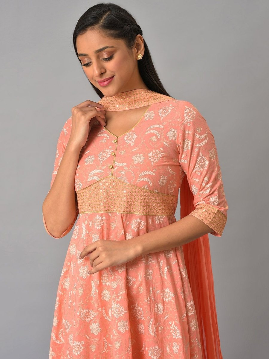 AURELIA Floral Print Sequinned A-Line Pure Cotton Midi Ethnic Dress With Dupatta - Distacart