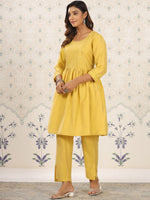 Thumbnail for Ode by House of Pataudi Yellow Sequinned Detailed Anarkali Kurta With Trousers - Distacart