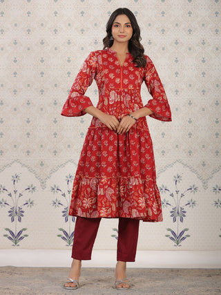 Ode by House of Pataudi Ethnic Motifs Printed Cotton Tiering Kurta - Distacart
