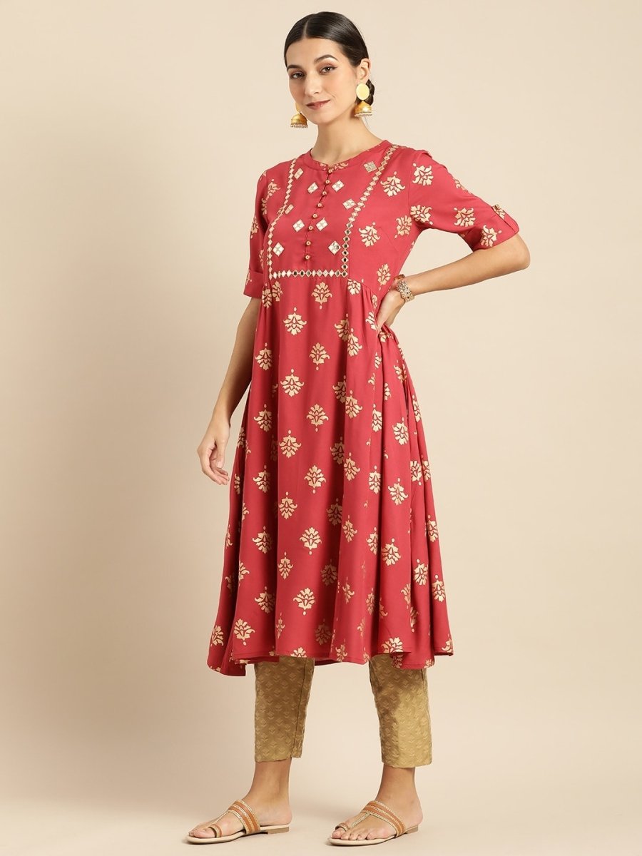 All About You Women Rust & Gold-Toned Ethnic Motifs Printed Mirror Work Kurta - Distacart