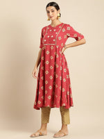 Thumbnail for All About You Women Rust & Gold-Toned Ethnic Motifs Printed Mirror Work Kurta - Distacart