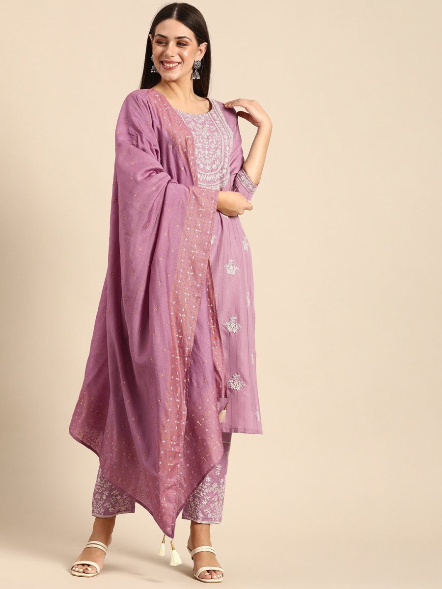 Anouk Mauve & White Ethnic Motifs Ethnic Embroidered Straight Kurta Trousers Dupatta - Distacart