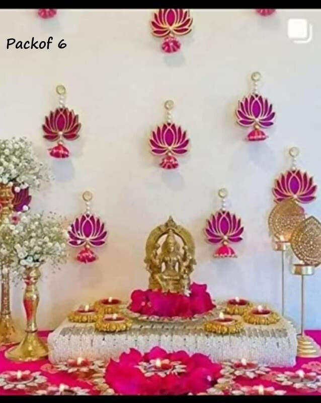 Divyakosh Handmade Lotus Hanging Decoration – Set of 6 Pink/Rani - Dista