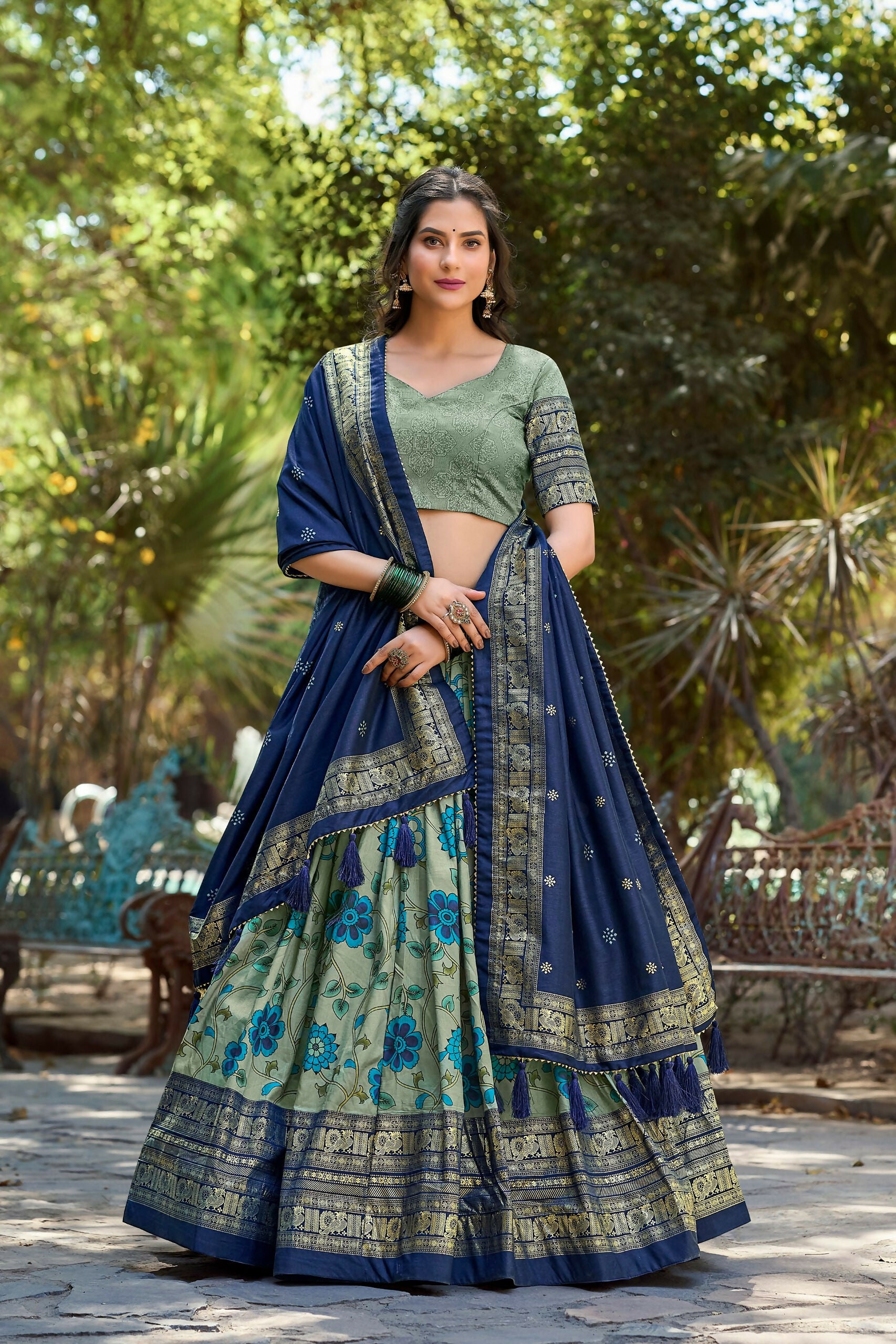 Vastranavya Kalamkari Print With Foil Print Lehenga with Unstitched Printed Blouse - Sea Green - Distacart