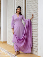 Thumbnail for Kalini Floral Embroidered V-Neck Thread Work Pure Cotton Kurta With Trousers & Dupatta - Distacart
