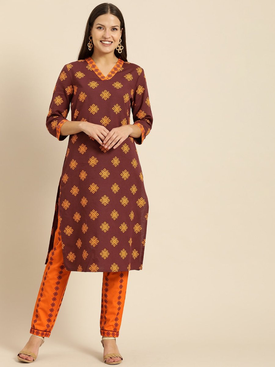 All About You Women Maroon Ethnic Motifs Printed Kurta with Printed Trousers - Distacart