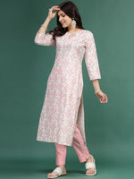 Thumbnail for Sangria Floral Printed Cotton Notch Neck Straight Kurta