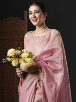 Thumbnail for Anouk Pink & Green Floral Printed Organza Saree - Distacart