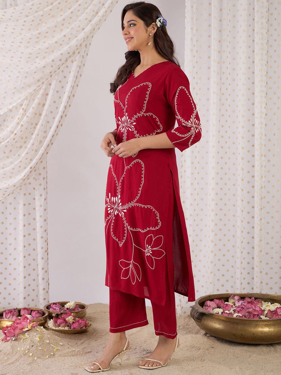 Indo Era Floral Embroidered Beads And Stones Straight Kurta With Palazzos