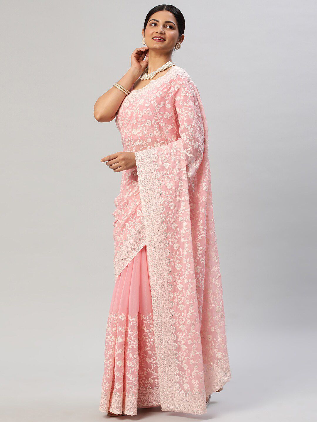 kasee Floral Embroidered Pure Chiffon Saree - Distacart
