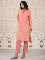 Thumbnail for Ode by House of Pataudi Coral & White Floral Printed Mandarin Collar Kurta With Palazzos - Distacart
