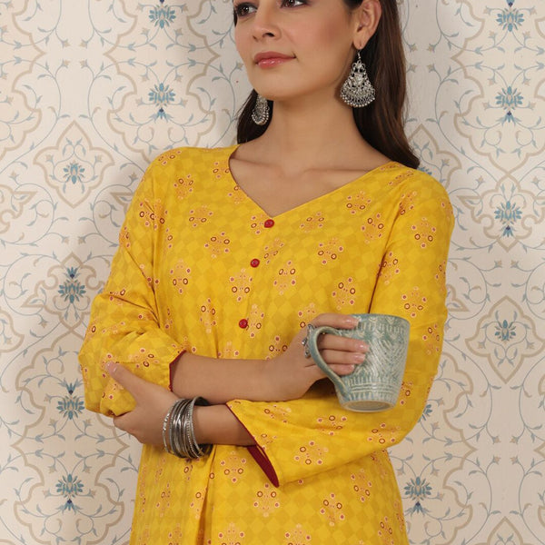 Ode by House of Pataudi Ethnic Motifs Printed V-Neck Asymmetric A-Line Kurta - Distacart