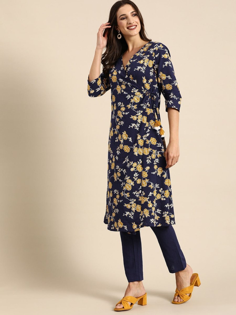 All About You Women Navy Blue Floral Printed Angrakha Pure Cotton Kurta with Trousers - Distacart