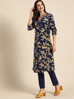 Thumbnail for All About You Women Navy Blue Floral Printed Angrakha Pure Cotton Kurta with Trousers - Distacart