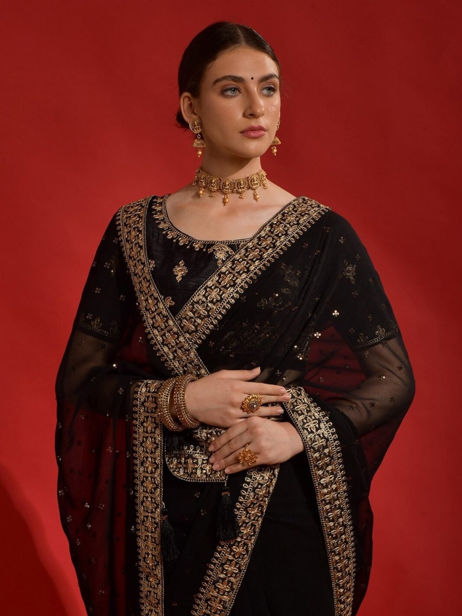 Anouk Black & Gold-Toned Floral Embroidered Pure Georgette Saree - Distacart