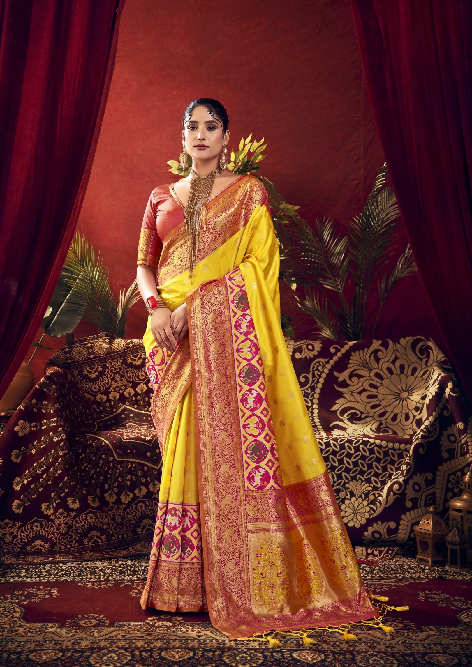 Vishnu Weaves Women's Yellow Paithani Silk Saree with Blouse - Distacart