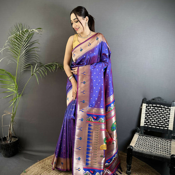 Joban Fashion Purple Peacock & Floral Motifs Soft Lichi Silk Kanchipuram Saree - Distacart