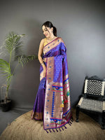 Thumbnail for Joban Fashion Purple Peacock & Floral Motifs Soft Lichi Silk Kanchipuram Saree - Distacart