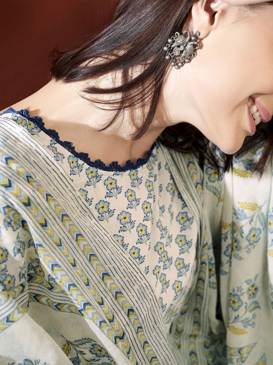 Anouk Women Floral Printed Panelled Pure Cotton Kurta with Churidar & With Dupatta - Distacart