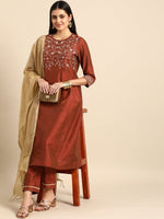 Thumbnail for All About You Women Rust Embroidered Kurta with Trousers & Dupatta - Distacart