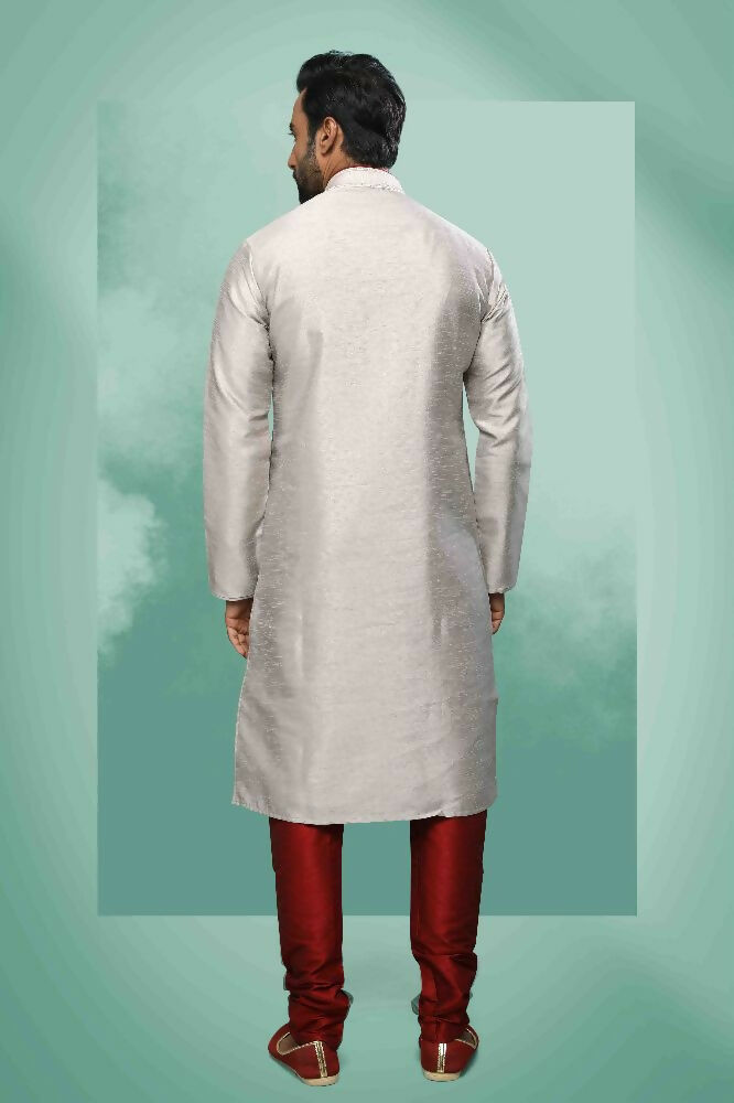 Raivat Ethnic Art Silk Mirror Embroidery Work Kurta Pajama In Grey Colour - Dista