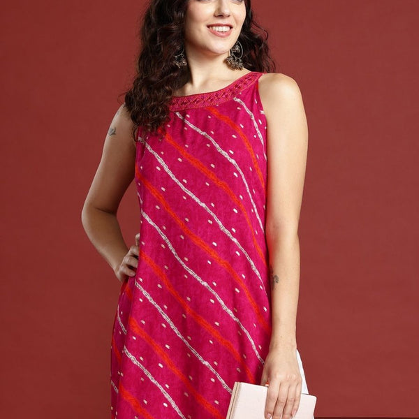 Anouk Leheriya Printed Halter Neck Thread Work Kurta - Distacart