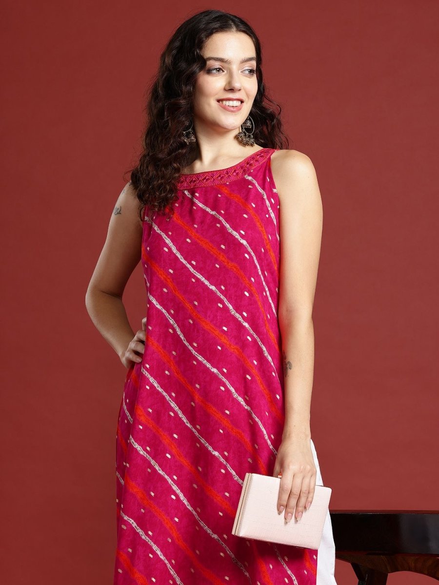 Anouk Leheriya Printed Halter Neck Thread Work Kurta - Distacart