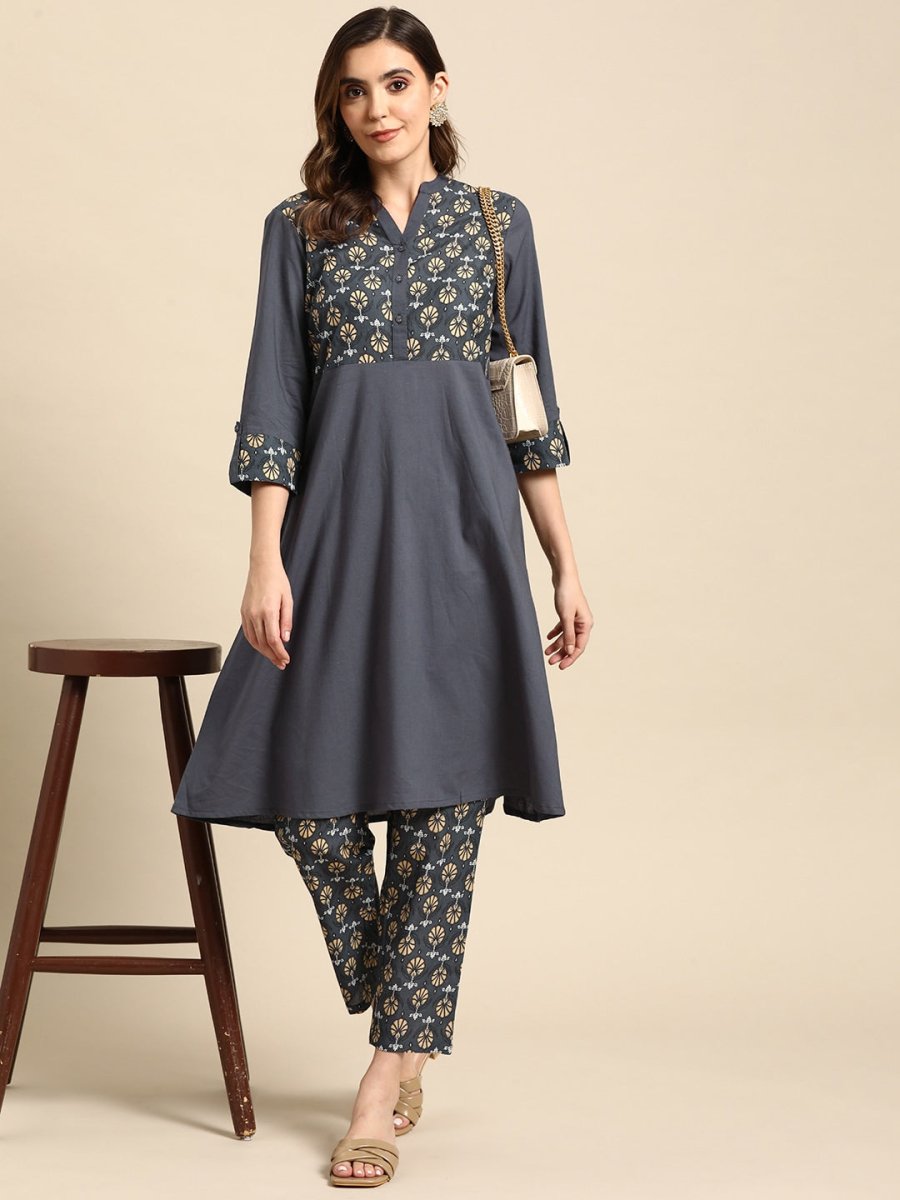 All About You Women Motifs Yoke Design A-Line Kurta with Trousers - Distacart